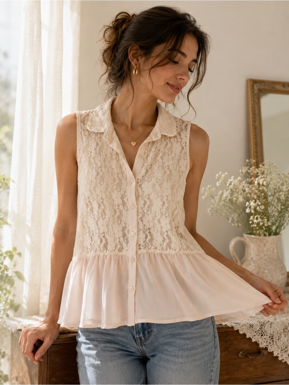 H&M Lace Peplum Sleeveless Blouse Cream Ivory Size 6